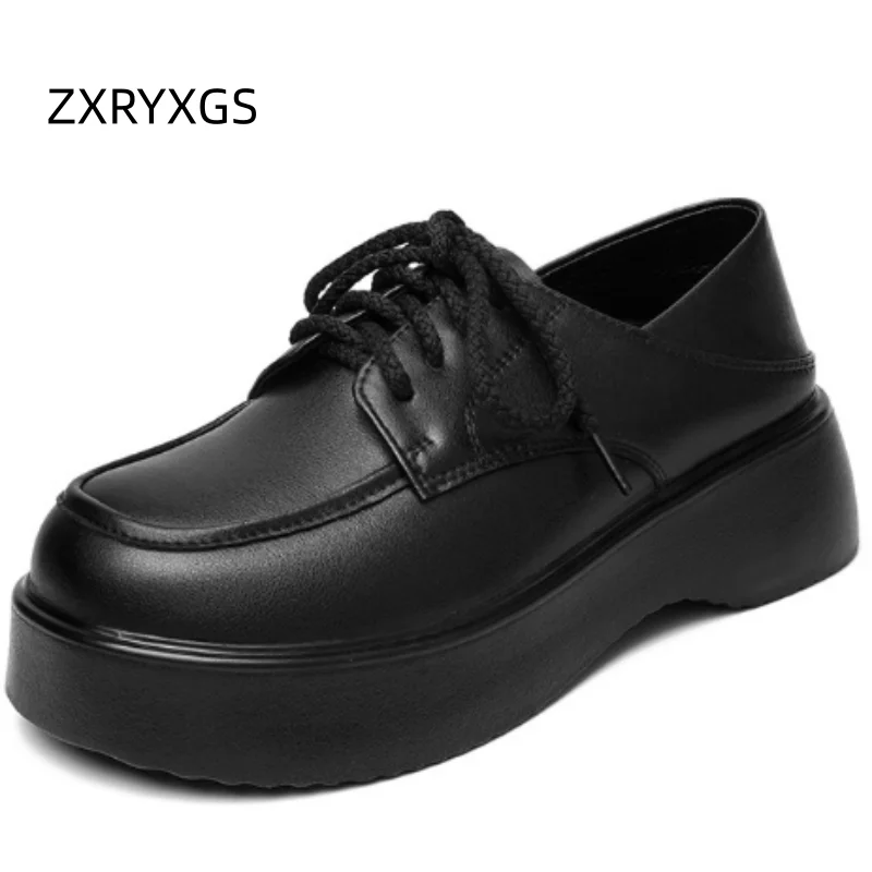 

ZXRYXG 2026 Новые женские туфли из натуральной кожи с круглым носком, на толстой подошве, со средним каблуком, увеличивающие рост, модные, элегантные, трендовые