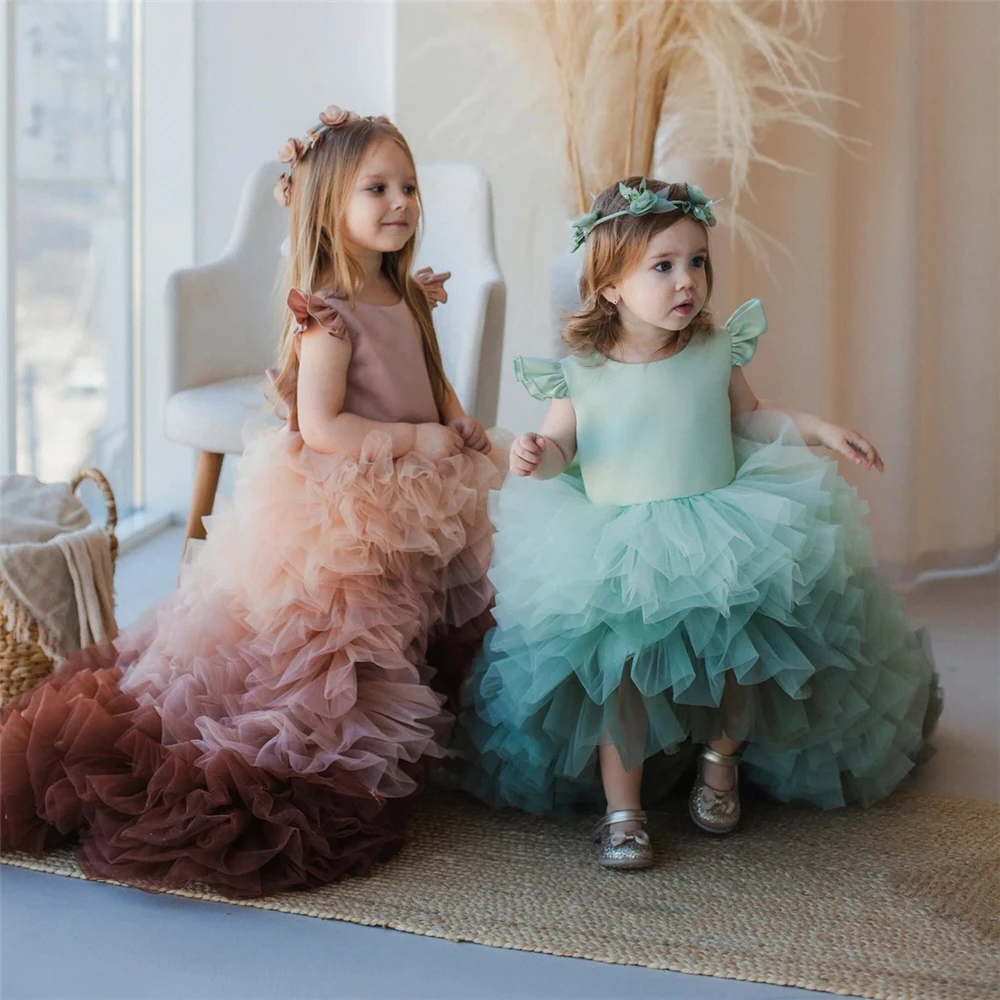 Elegant Flower Girl Dress For Wedding Layered Puffy Green Tull Cute Princess First Communion Children Birthday Party Ball Gowns