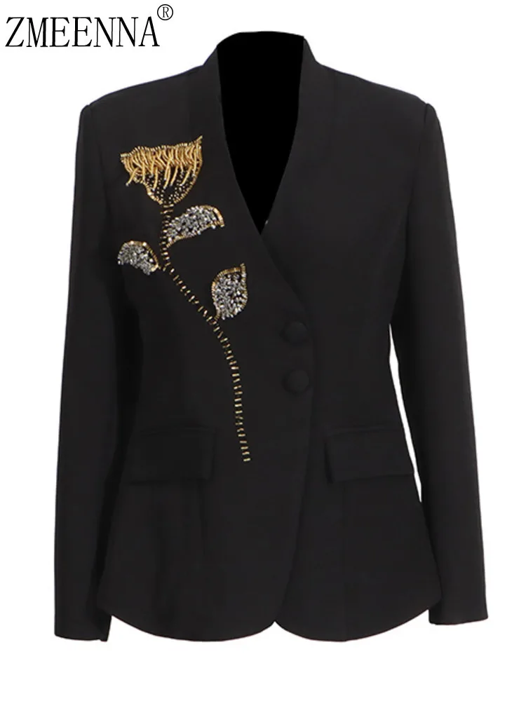 

ZMEENNA Elegant Black Blazer With Exquisite Floral Embroidery Stylish Long Sleeve Jacket Delicate Flower Details Women's ZM914
