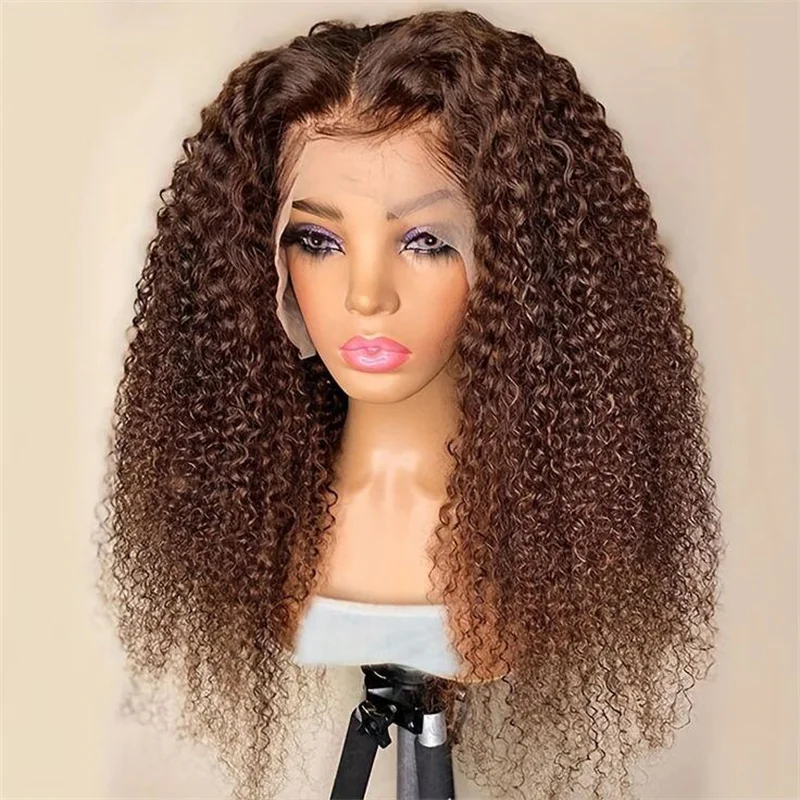 Perruque Lace Front Kinky Curly pour femmes noires, cheveux de bébé, délié naturel pré-plumé, doux, long, brun, densité 180, 26"