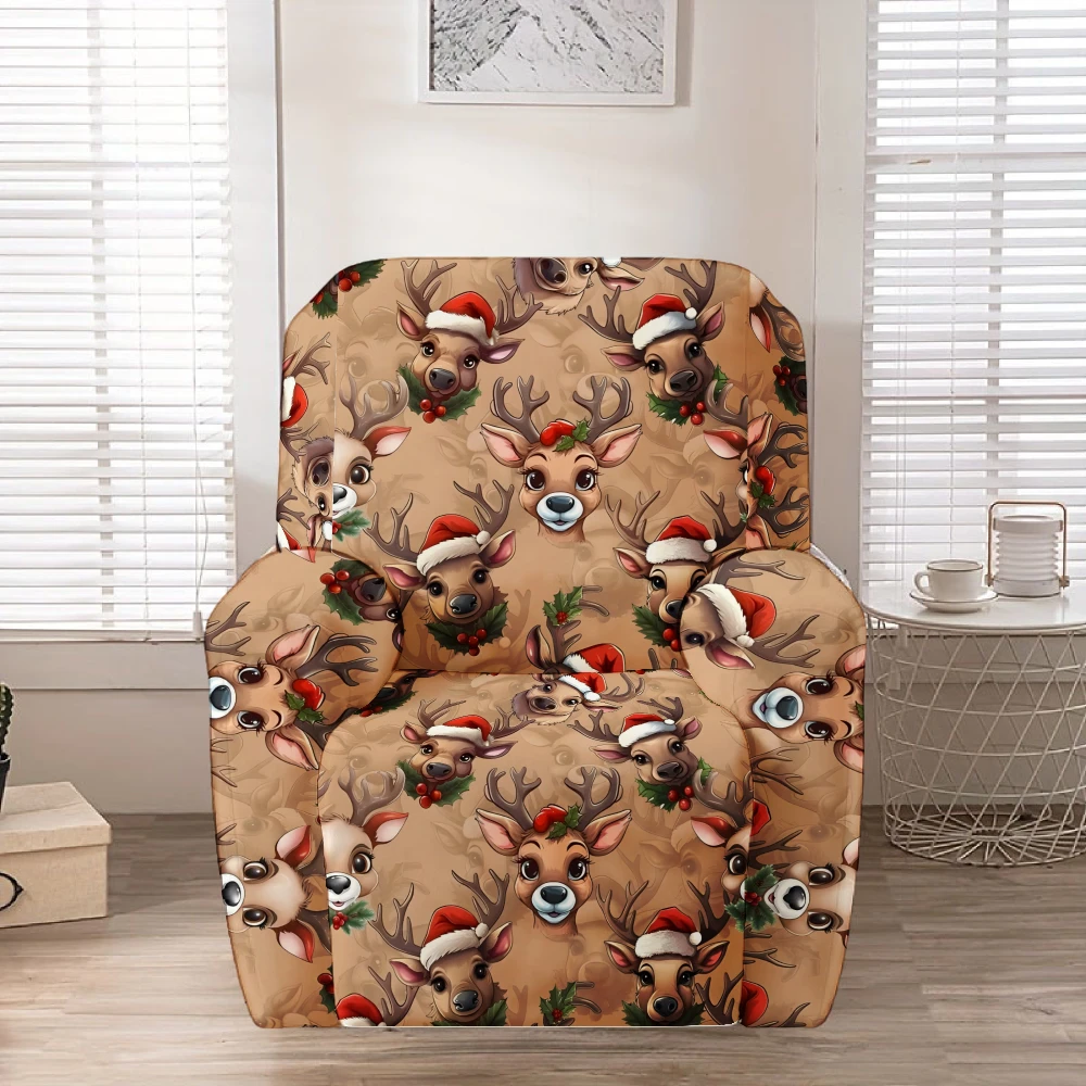 Cartoon Santa Hat Reindeer Holly Recliner Chair Cover Stretch Spandex Recliner Slipcover Rustic Christmas Living Room Decor