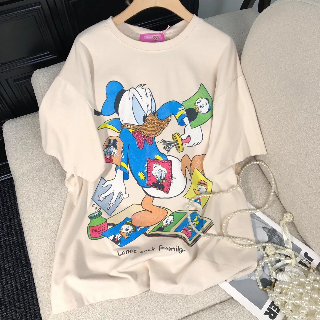 Autumn and Winter New Retro Trendy Cool Fashion Cartoon Diamond-encrusted Duck Print Loose Cotton Short-sleeved T-shirt Women