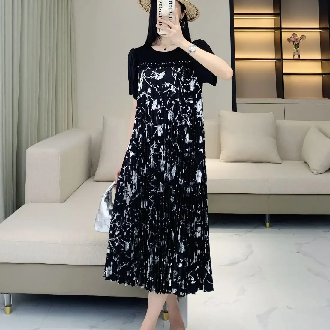 Pleats Pleated Niche Design Black Dress 2024 New Summer Ageing Oceanic Print Pleated Plus Size Long Dresses Fashion Clothing