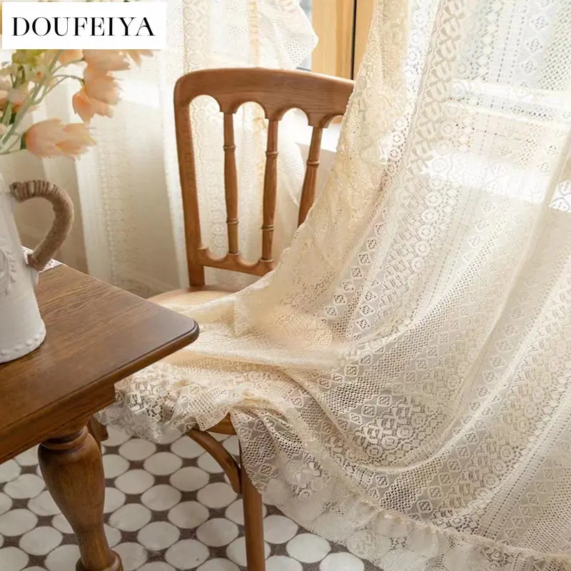 French lace curtain Bosnia style window screen cream color yarn living room bay window balcony retro transparent yarn