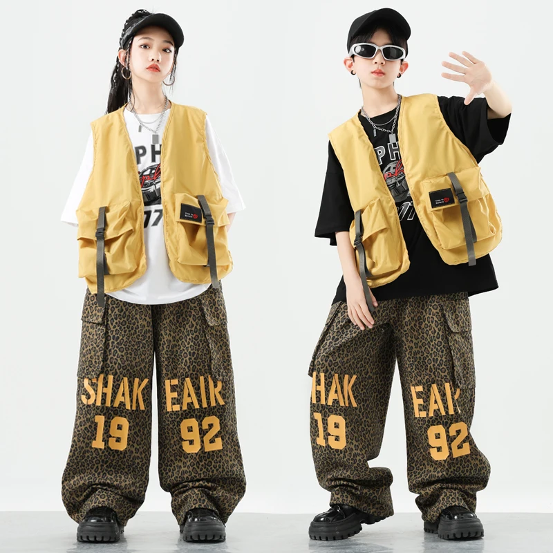 Ropa de calle para niños, chaleco amarillo de Hip Hop, camisa, pantalones Cargo, pantalones para correr de baile callejero para niñas, conjuntos de ropa, disfraces morados de Jazz para niños