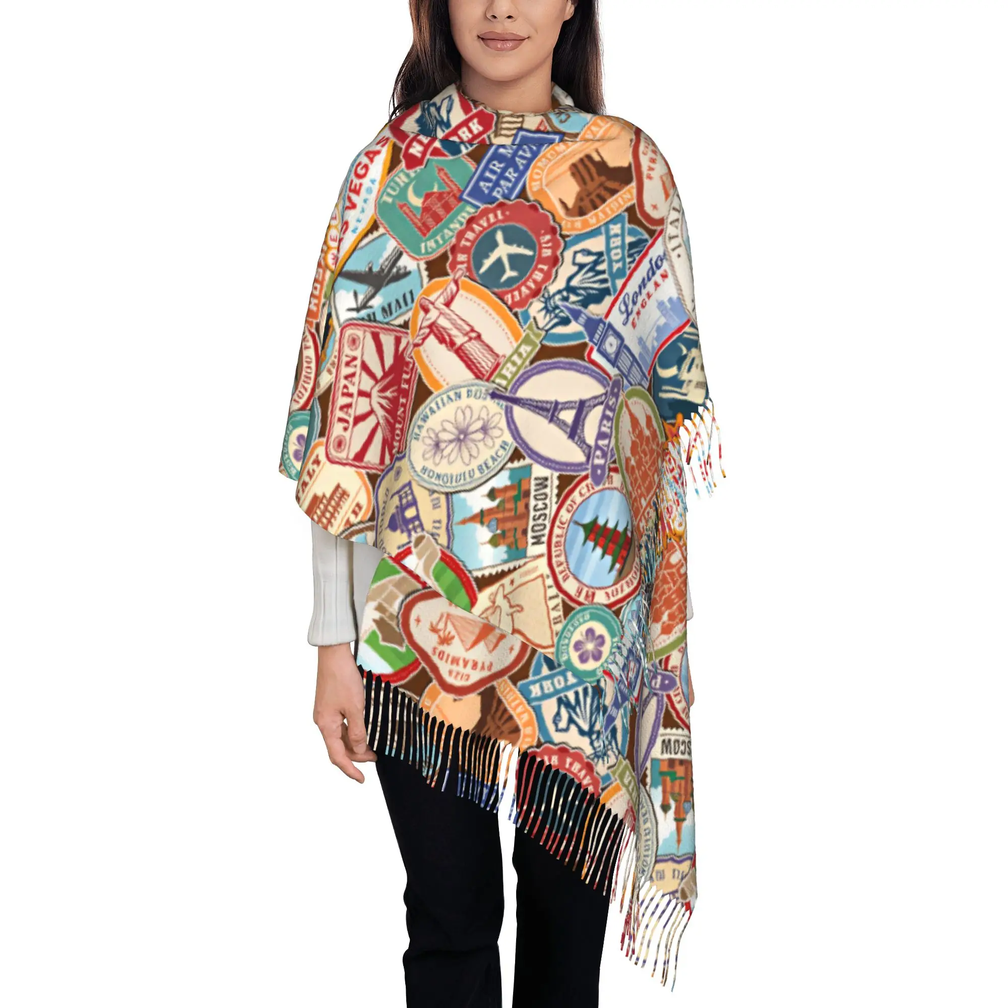 Custom Printed Vintage Air Travel Landmark Stamp Collage Print Scarf Women Men Winter Warm Scarves  Shawls Wraps