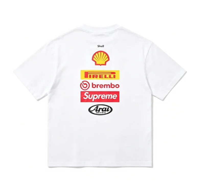 2026 new crew neck short sleeve tee, vertical stacked colorful sticker graphics on back, racing street casual style unisex loose