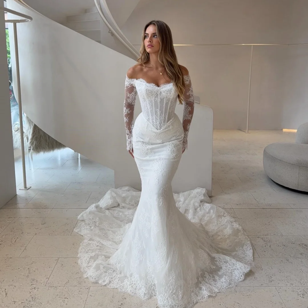 

Exquisite White Mermaid Wedding Dresses Lace Sweetheart Corset Bridal Gown Off the Shoulder Boho robe de mariée Customized