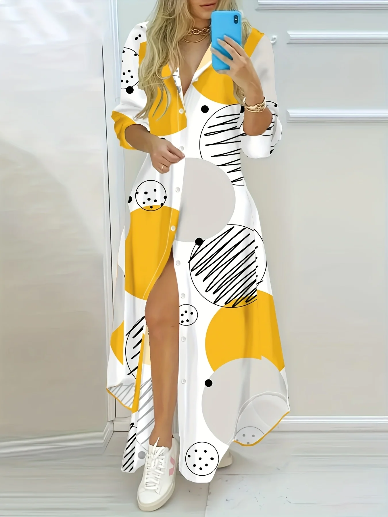 Langärmliges Kleid mit abstraktem geometrischem Aufdruck für Damen, lässig, Herbst- und Wintermode, A-Linie, Midikleid, lockere Passform, elegant, Büro