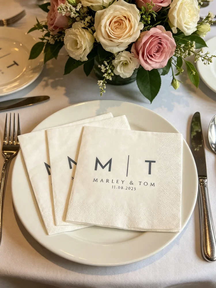 

Personalized Custom Printed Cocktail Napkins Monogram Names Date Disposable Paper Beverage Luncheon Dinner Napkins Wedding