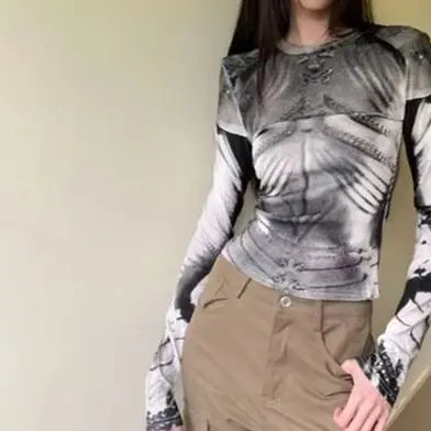 Onalippa Spicy Girl Future Cyber Girl Armor Printed Women Autumn New Slim Fit Long Sleeved T-shirt Show Off Thin Shirt Top
