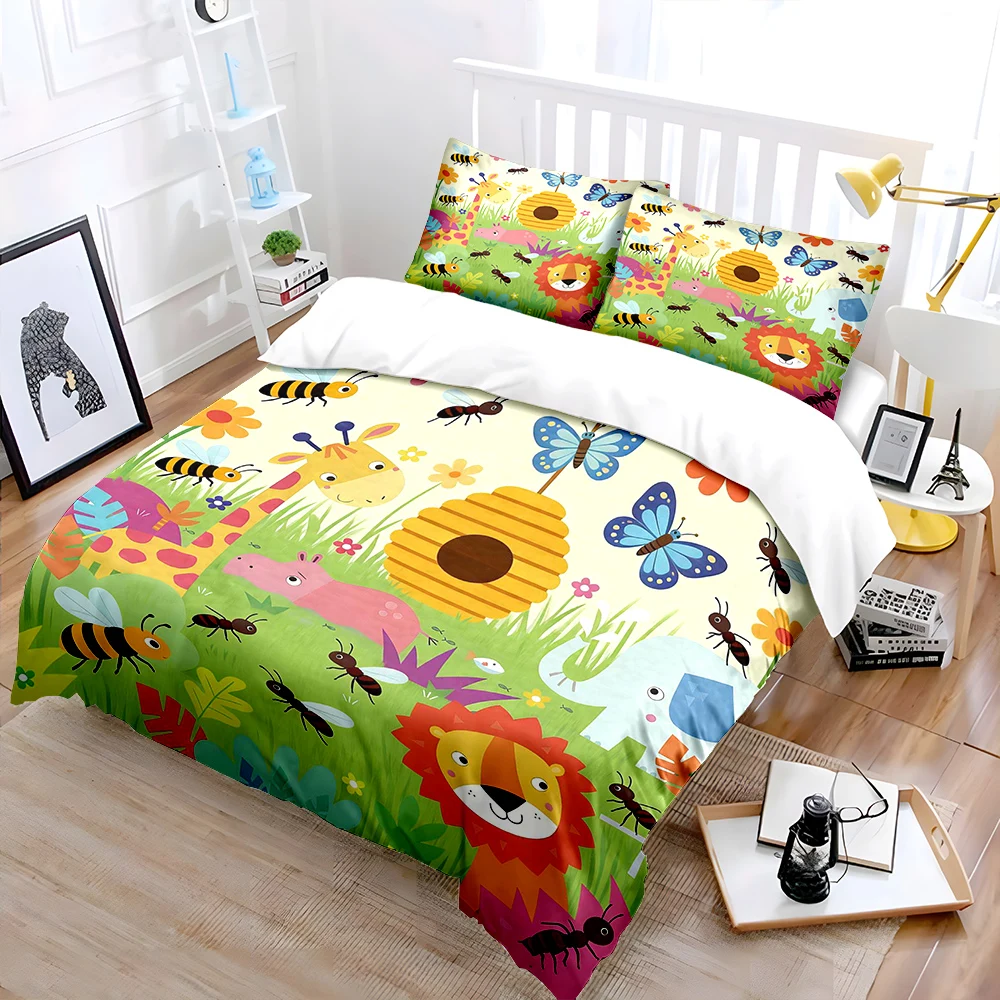 3PCS Animals and Insects in Colorful Meadow Pattern Duvet Cover Set Digital Print Polyester Bedding with Zipper Closur