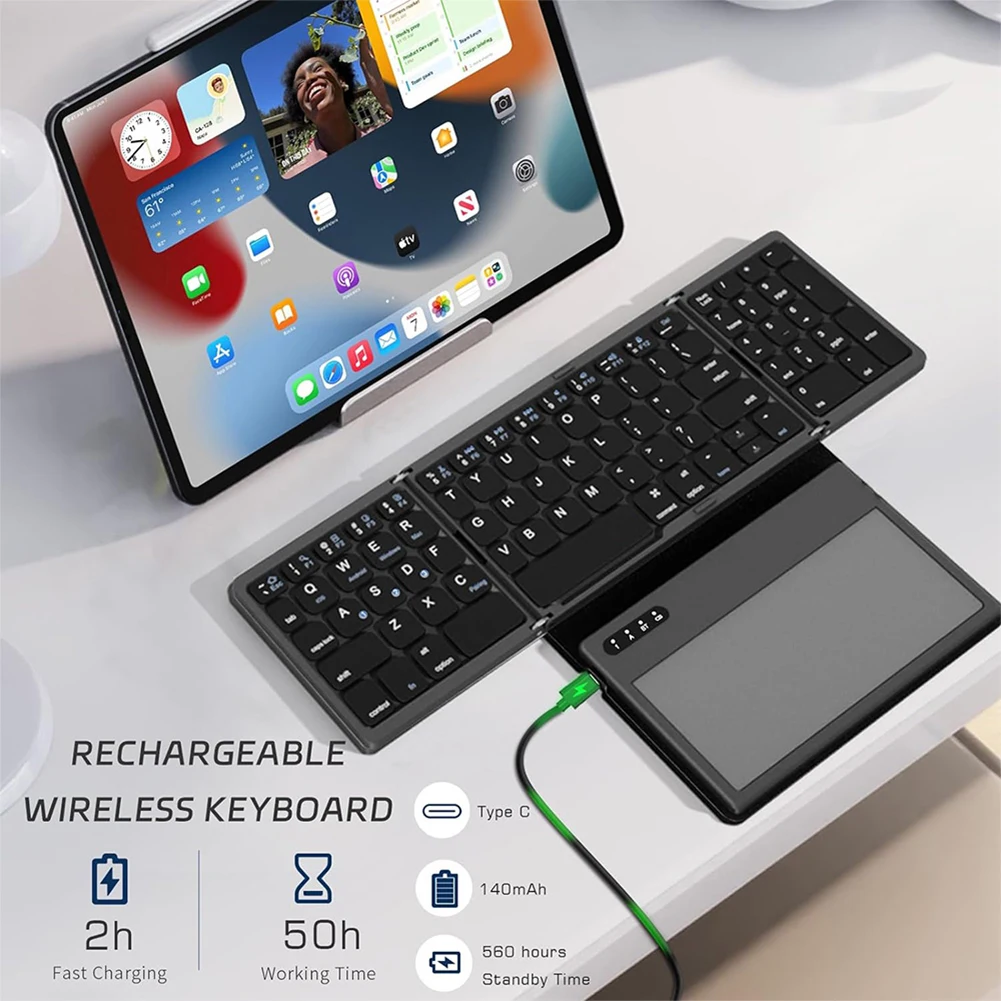 Foldable Wireless Bluetooth Keyboard with Large Touchpad Quadruple Folding Portable Travel Keyboard for Smartphone for Windows