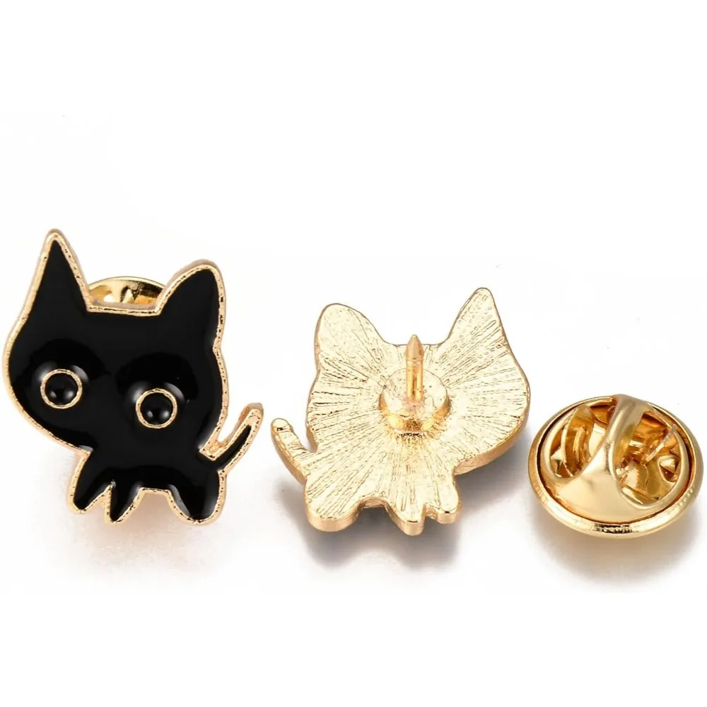 10pcs Cat Shape Alloy Enamel Brooches - Cute Black Cat Kitty Brooches 18x17x2mm Creative Animal Designs Light Gold with Brass
