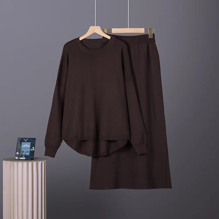 Solid Brown Knit Matching Set for Women Loose Long Sleeve Top And High Waist Midi Skirt Elegant Two Piece Outfit