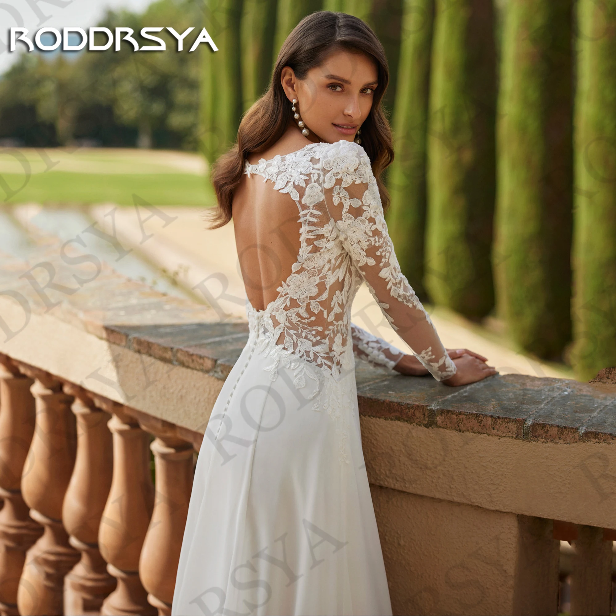 Roddrsya anmutige rücken freie Brautkleider für Braut Boho Illusion Spitze lange Ärmel eine Linie Chiffon Brautkleid maßge schneiderte Frauen Anmutige Backless Brautkleider für Braut Boho Illusion Spitze Lange Ärmel A