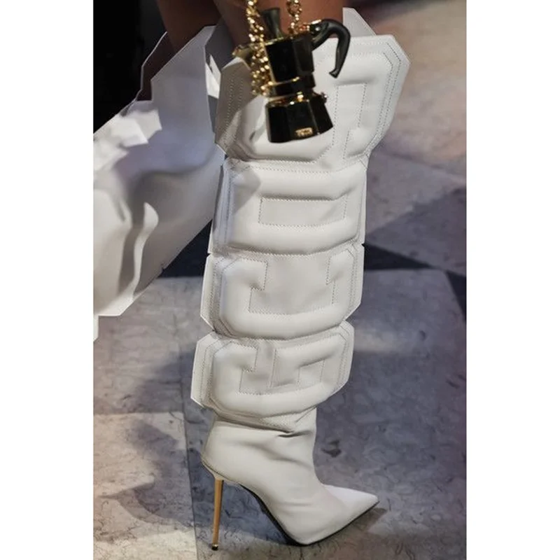 Stiletto High Heel Metallic Knee High Design Boots Sexy Lady Pointed Toe Zip Dress ROME Boots Gladiator Show Women Shoes 2023