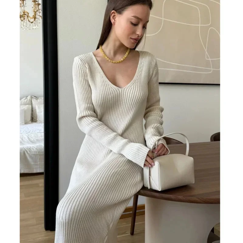 Women Ribbed Knitted Long Dress Elegant 2024 Winter Warm V Neck Thick A Line Dresses Long Sleeve Vintage Midi Casual Vestidos