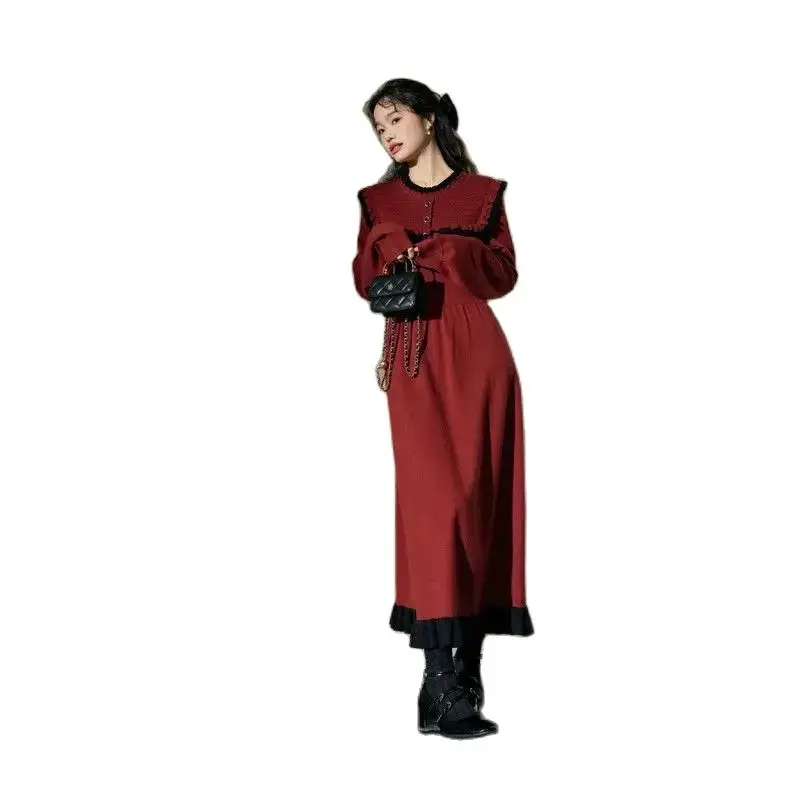 Korea Red Dress Women\'S Autumn And Winter New Wear Woolen Long Skirt Elegant Knee-Length Dress