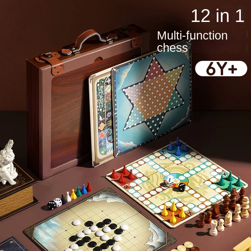 

Children's 12-in-1 multifunctional wooden chess board chess Gozi chess flying chess checkers puzzle toys summer vacation gift
