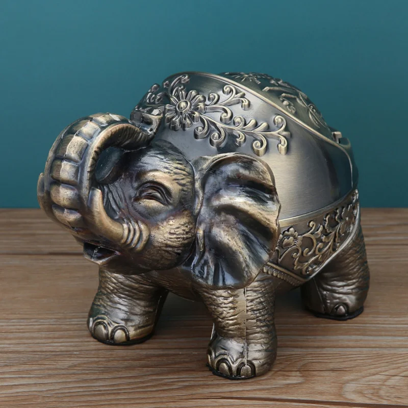 

Elephant Metal Ashtray - Large Windproof Covered Ash Tray for Home/Office, Unique Animal Decor