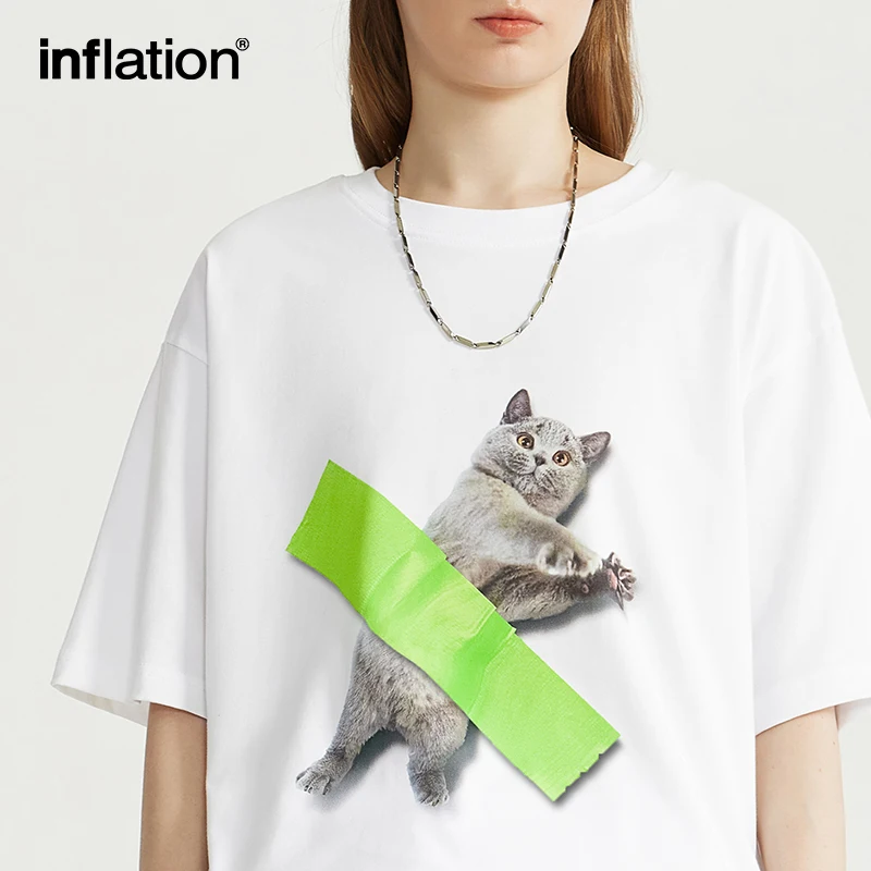 INFLATION Pet Cat Graphic Printed Cotton Tees Men Summer Loose Fit Short Sleeve T-shirts