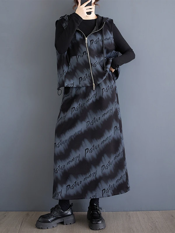 

Faionable 2025 г., весенне-осенняя толстовка с буквенным принтом, жилет, юбка, комплект из двух предметов, женская одежда, свободный крой