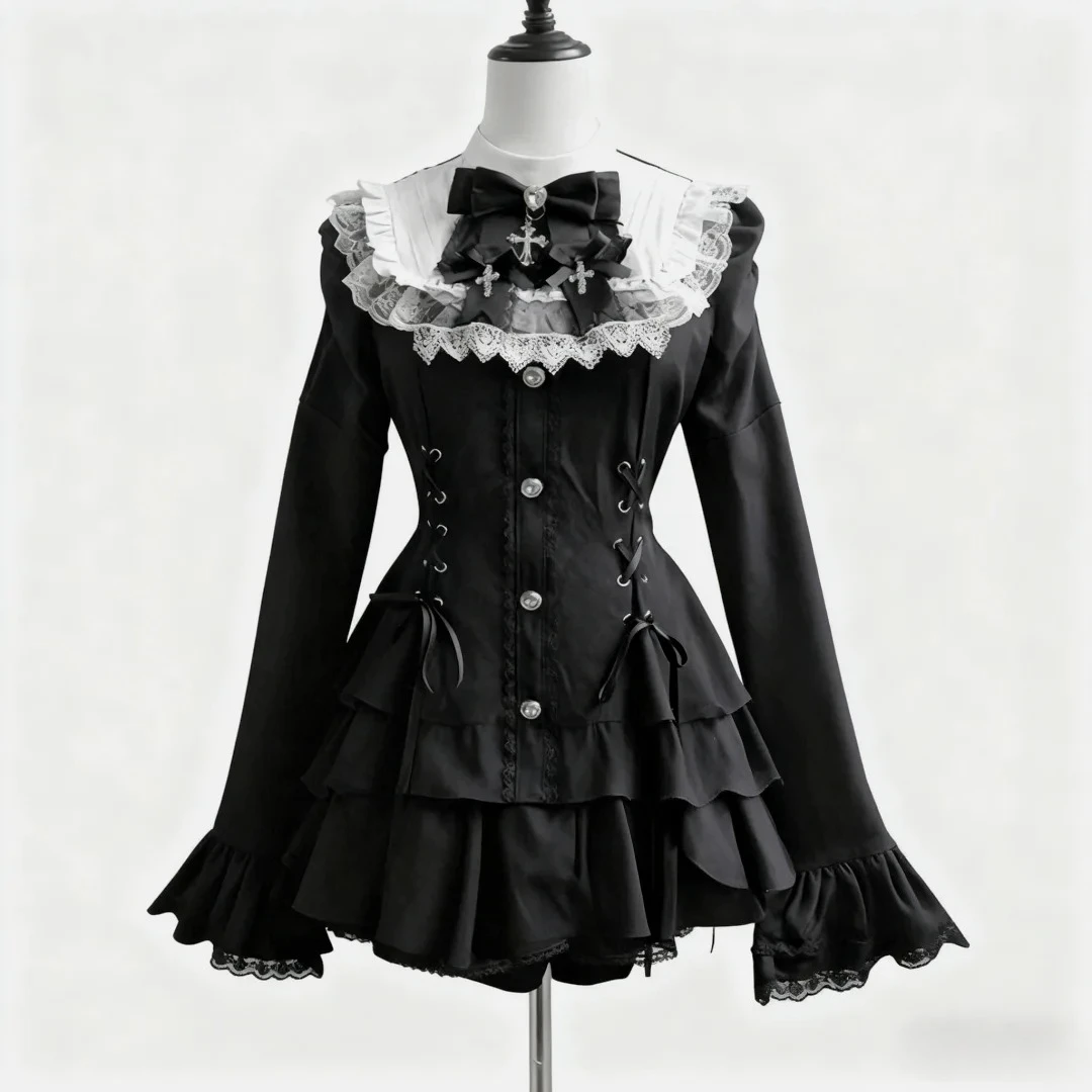 اليابانية لوليتا فستان المرأة القوس السراويل فستان مجموعة الحلو كم طويل مطبوعة خمر فساتين حفلة Kawaii تأثيري Y2k وتتسابق