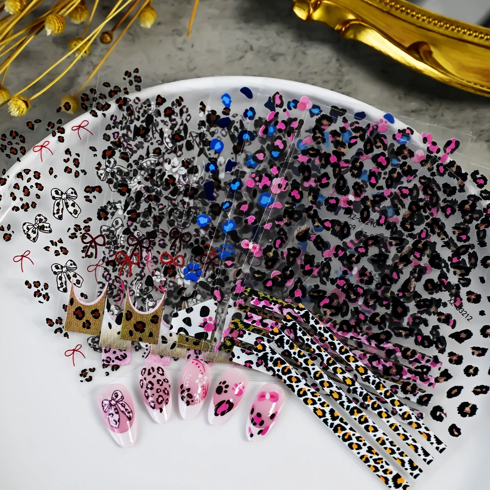 12 Uds. De pegatinas 3D para decoración de uñas con estampado de leopardo de otoño, leopardo rosa/azul/marrón y lazo de cinta, suministros para uñas, calcomanías, decoración de manicura DIY