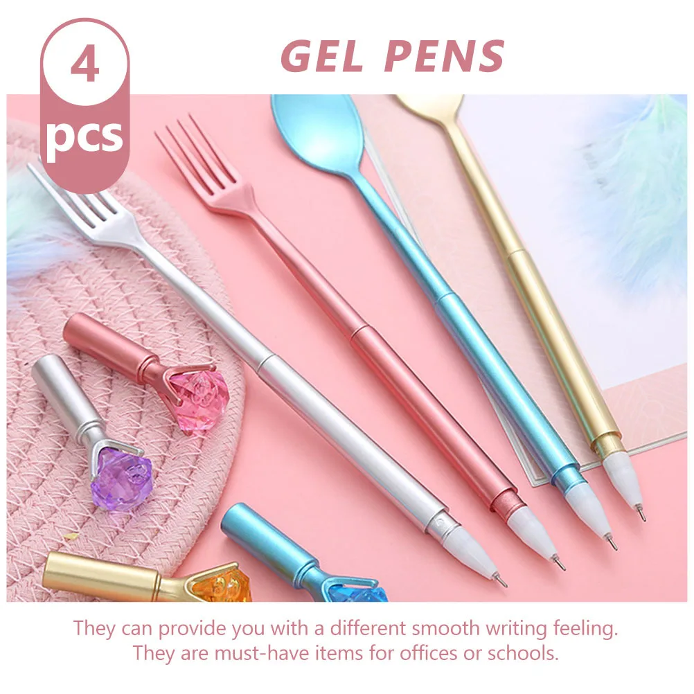 

4pcs Creative Diamond Tableware Gel Smooth Writing Pigment Ink Water Resistant Fade Resistant Cartoon Spoon Fork Pens For