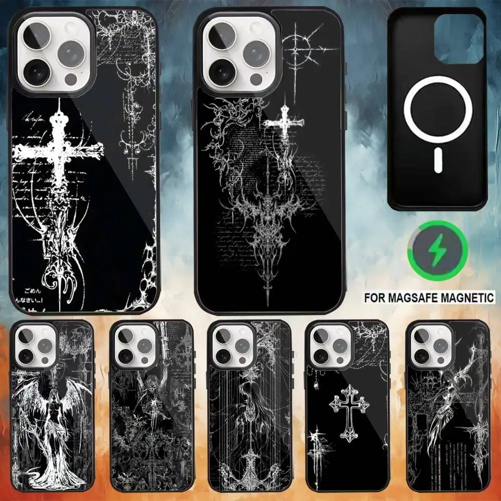 

Gothic Cyber Sigil Cross Phone Case For iPhone 17 16 15 14 13 12 Pro Max Plus for Magsafe Mirror Wireless Magnetic Cover
