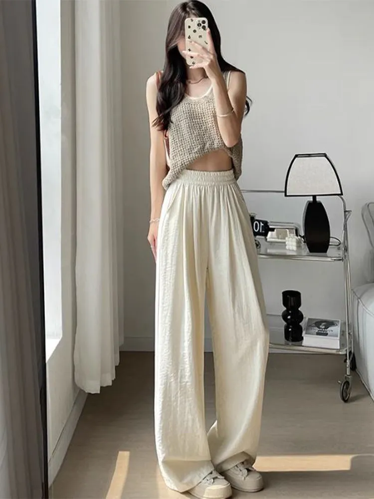 High Waist Draped Acetate Texture Wide Leg Pants Women's Spring Summer Lightweight Comfortable Ice Silk Loose Fit Trousers