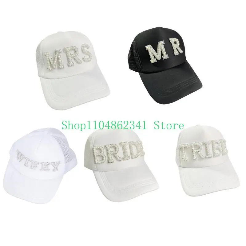 652F Pearl Letter Bridal Shower Hat Newlywed Honeymoon Baseball Cap for Groom Bride