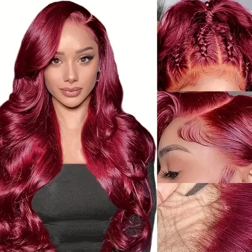 بورجوندي 13 × 4 الجسم موجة الدانتيل الجبهة الباروكات شعر الإنسان 220 الكثافة النبيذ الشفاف الأحمر قبل قطعها الدانتيل شعر مستعار أمامي للنساء 99J