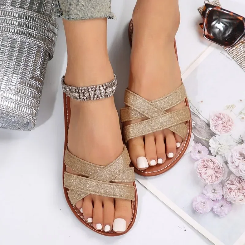 Blue Denim Fashion Women Flat Heel Sandals Elastic Band Summer Shoes For Woman Sweet Summer Casual Shoes Plus Size 43