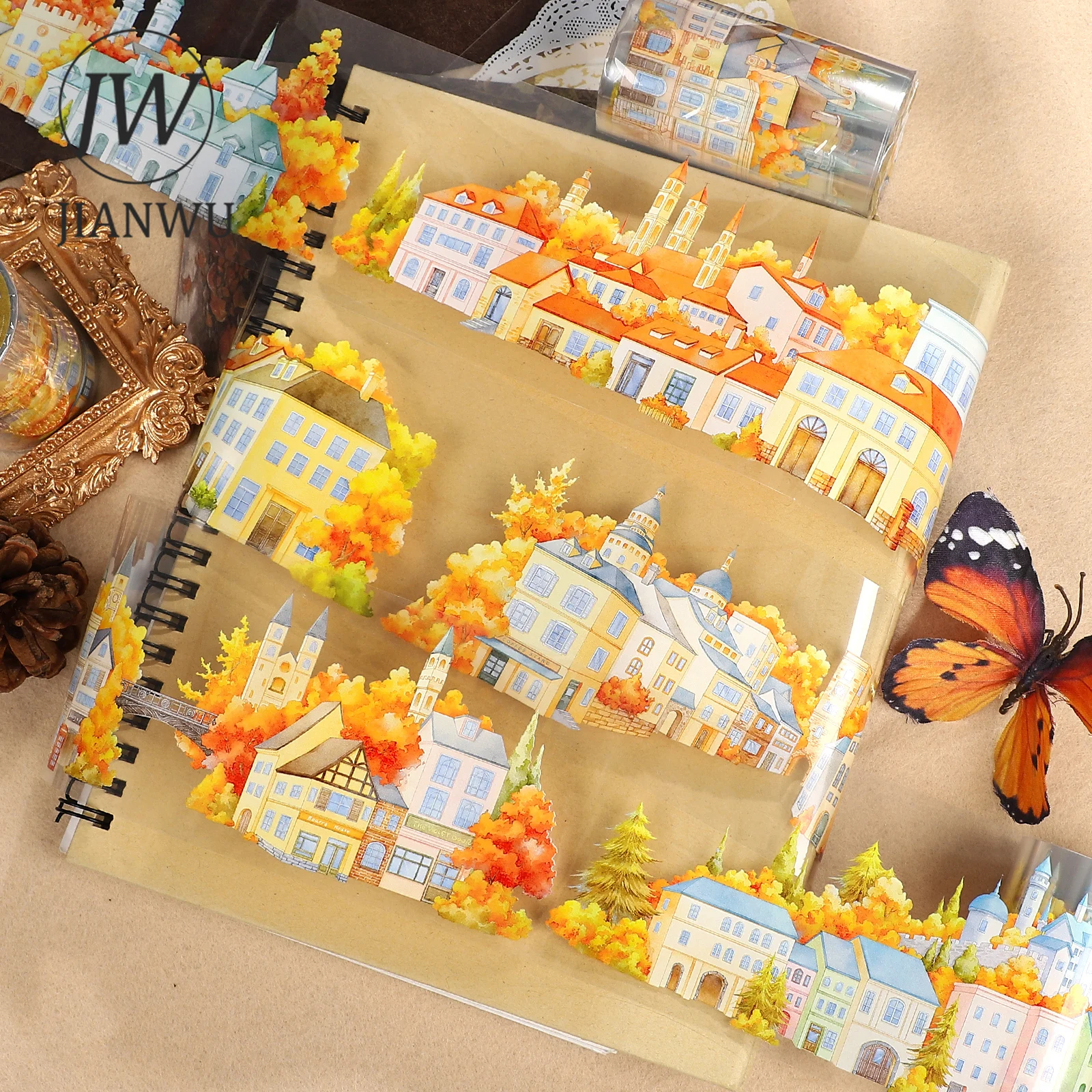 

JIANWU 70mm*5m Vintage Autumn Street Town House Landscape Material Collage Scrapbook PET Tape Creative DIY Journal Stationery