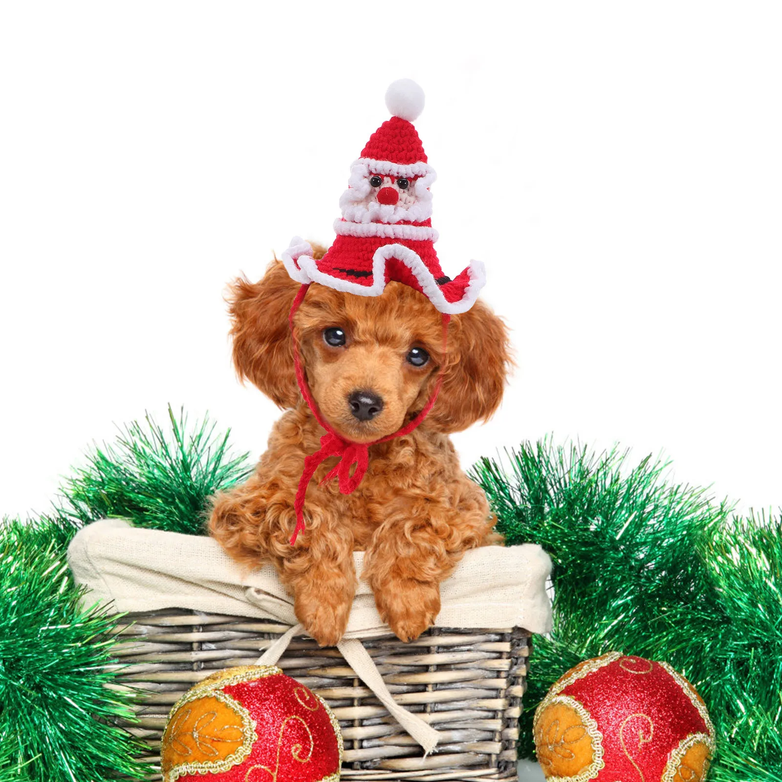 

Cute Christmas Dog Hat Knitted Santa Beanie for Puppy Cat Warm Comfortable Holiday Headwear with Adjustable Chin Strap Festive