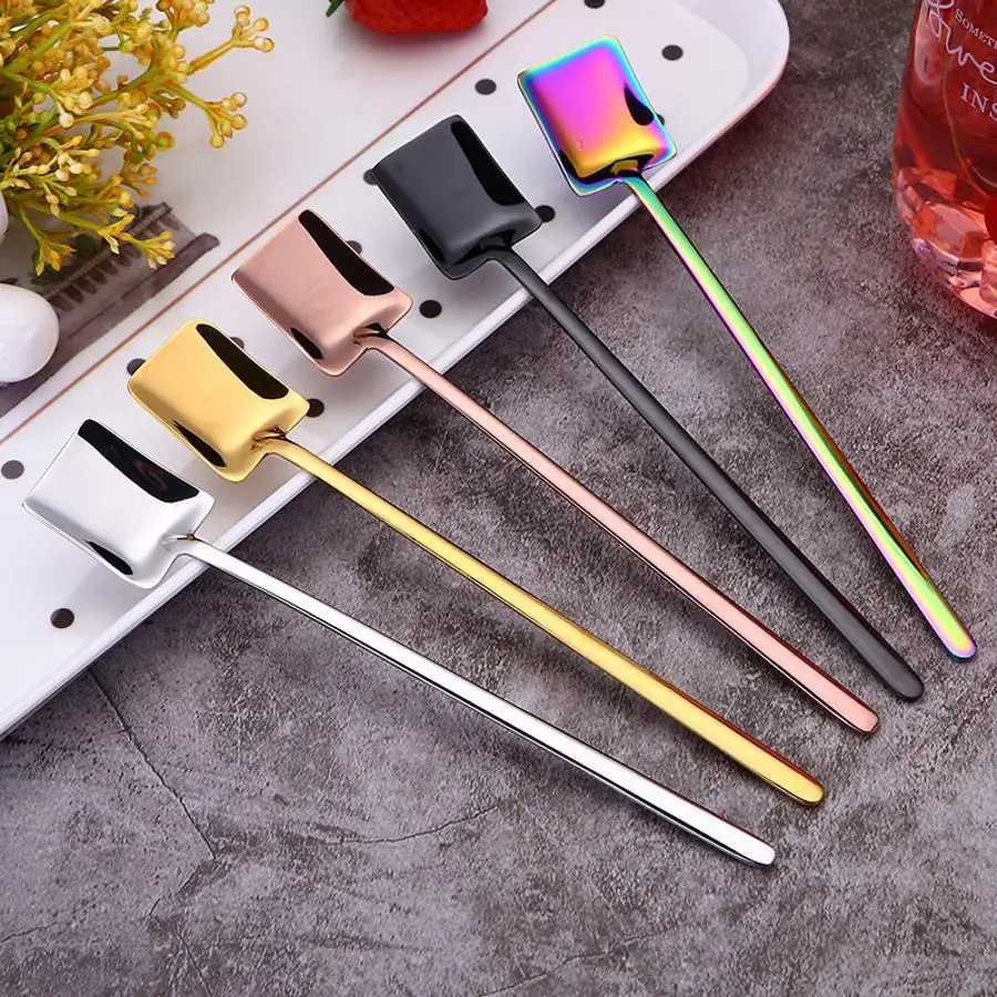 Long Handle Spade Shaped Spoon 304 Stainless Steel Mini Dessert Scoop For Coffee Tea Honey Cocktail Stirring Ice Cream Serving