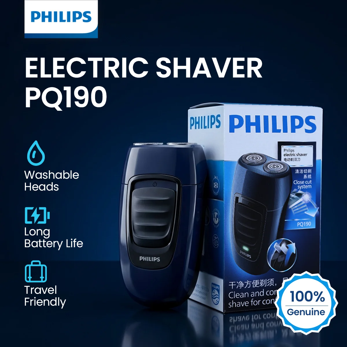 Philips PQ190 Electric Shaver Floating Dual Cutter Blade Waterproof Mini Portable Rechargeable Razor Home Use