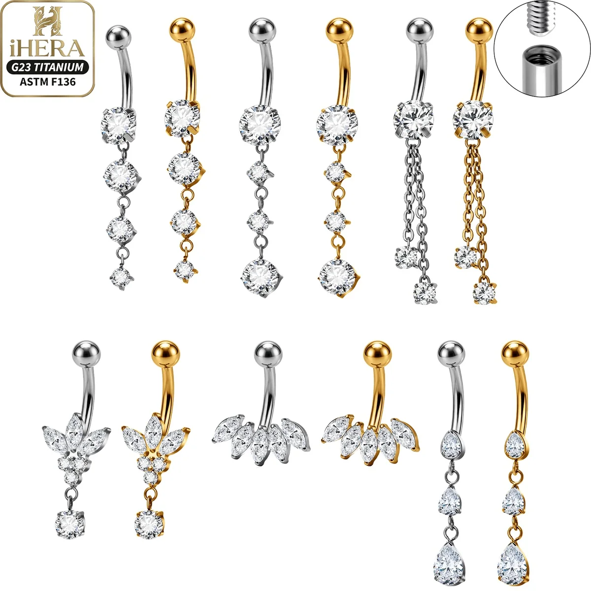 Screw Ball F136 Titanium Piercing Stud Curved Barbell Dangle Graduating Pear Marquise Fan Navel Belly Button Rook Snug Rings Kit
