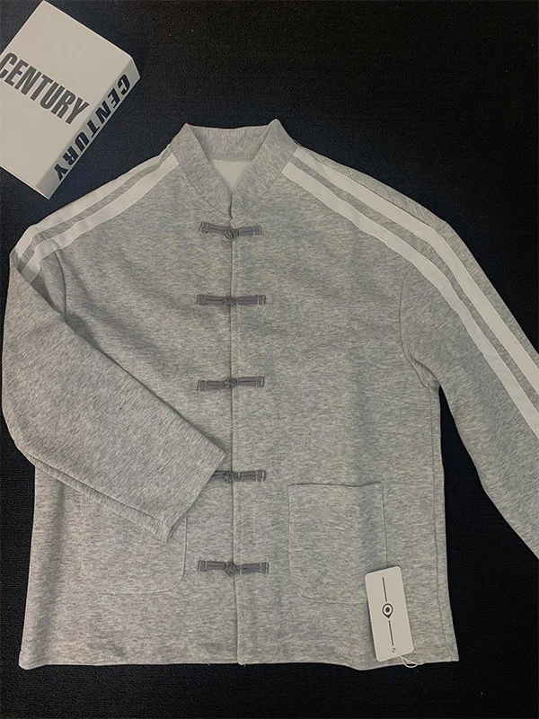 

Новая мужская толстовка-кардиган в китайском стиле с воротником-стойкой, модный брендовый дизайн, с декоративными вставками и двумя полосками, весенняя одежда