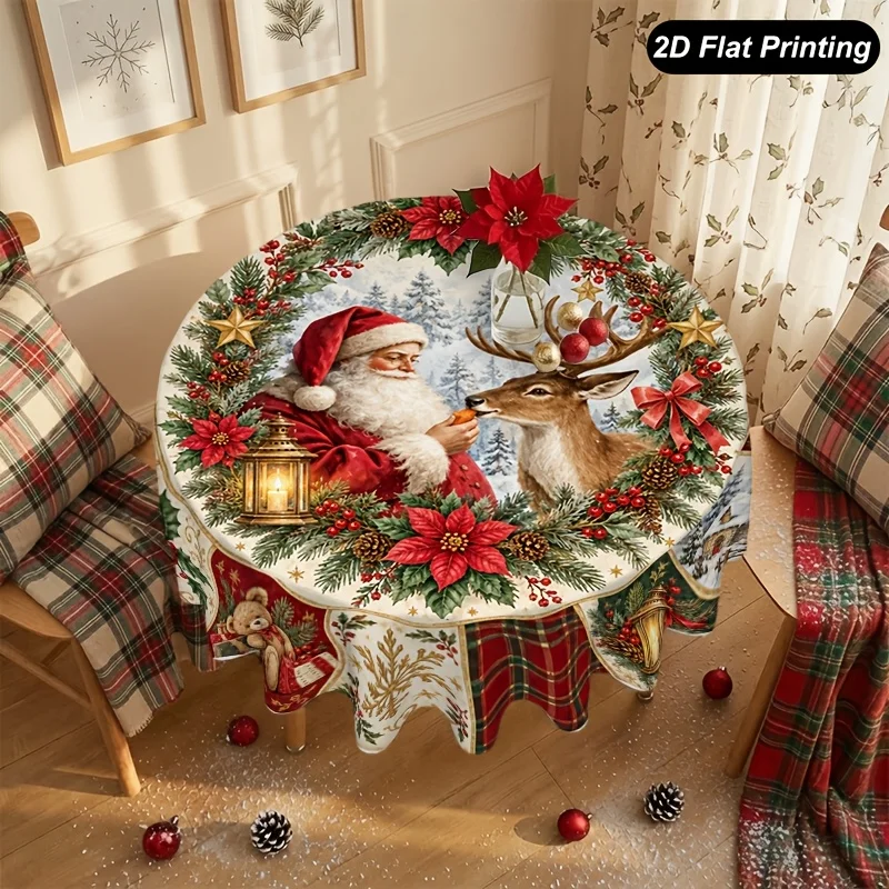 1-Piece Christmas Round Tablecloth, Santa Reindeer Perfect for Decorating Your Table and Home Environment