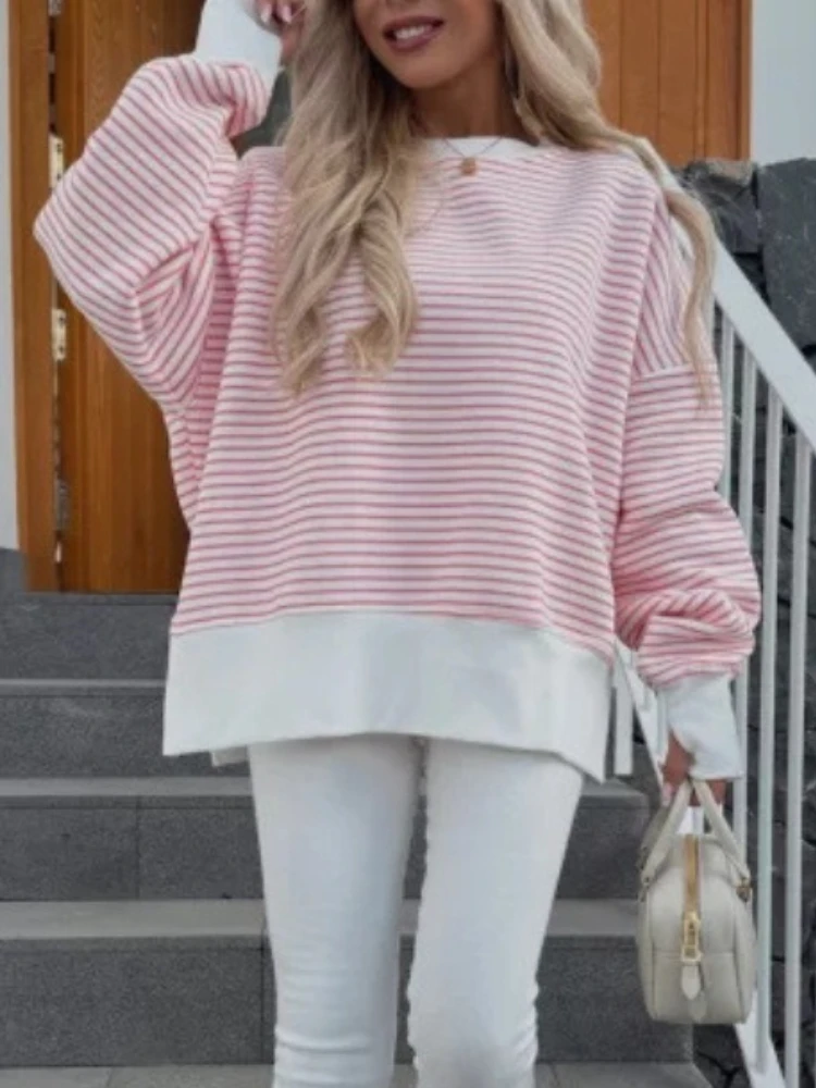New in Fashion Stripe Spliced Long Sleeve Sweatshirts Elegant O-neck Loose Commute Sport Tops Fall Casual Women Simple Pullovers
