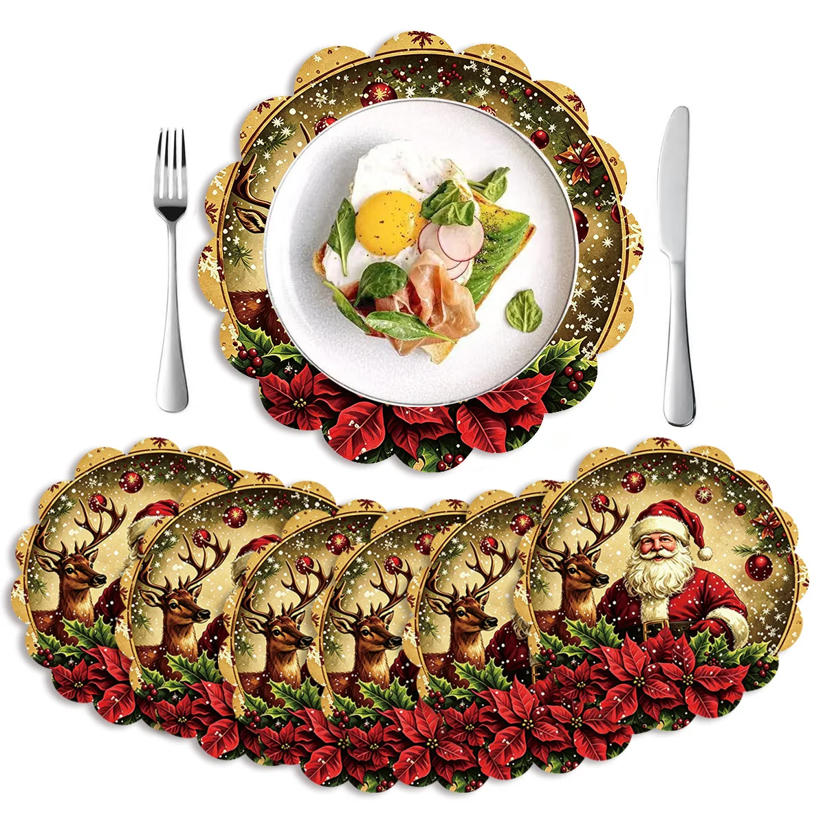 Vintage Santa Claus With Reindeer Christmas Placemats Poinsettia Holly Table Mats For Holiday Dinner Table Home Decoration