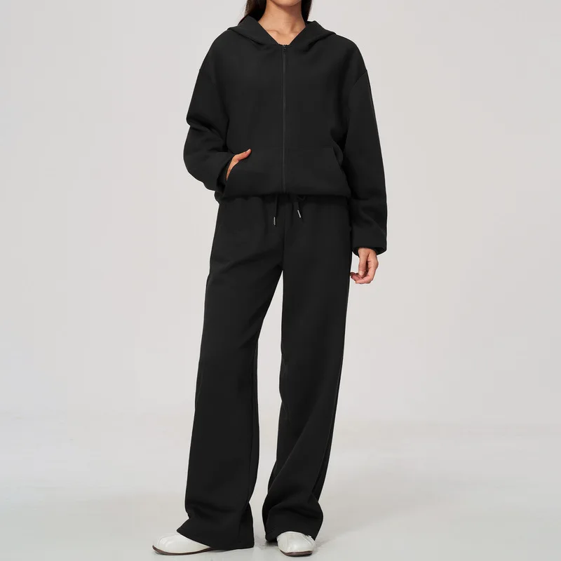 Women Loose Warm Two Piece Sports Set Zip Hooded Sweatshirt Wide Leg Pants Casual Tracksuit Fitness Running Gym Training