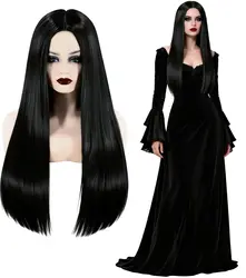 Synthetic wigs Long Black Wig for Morticia Addams Costume, Cher Costume Halloween Wig for 70s Party  Witch Costume Wig for Women