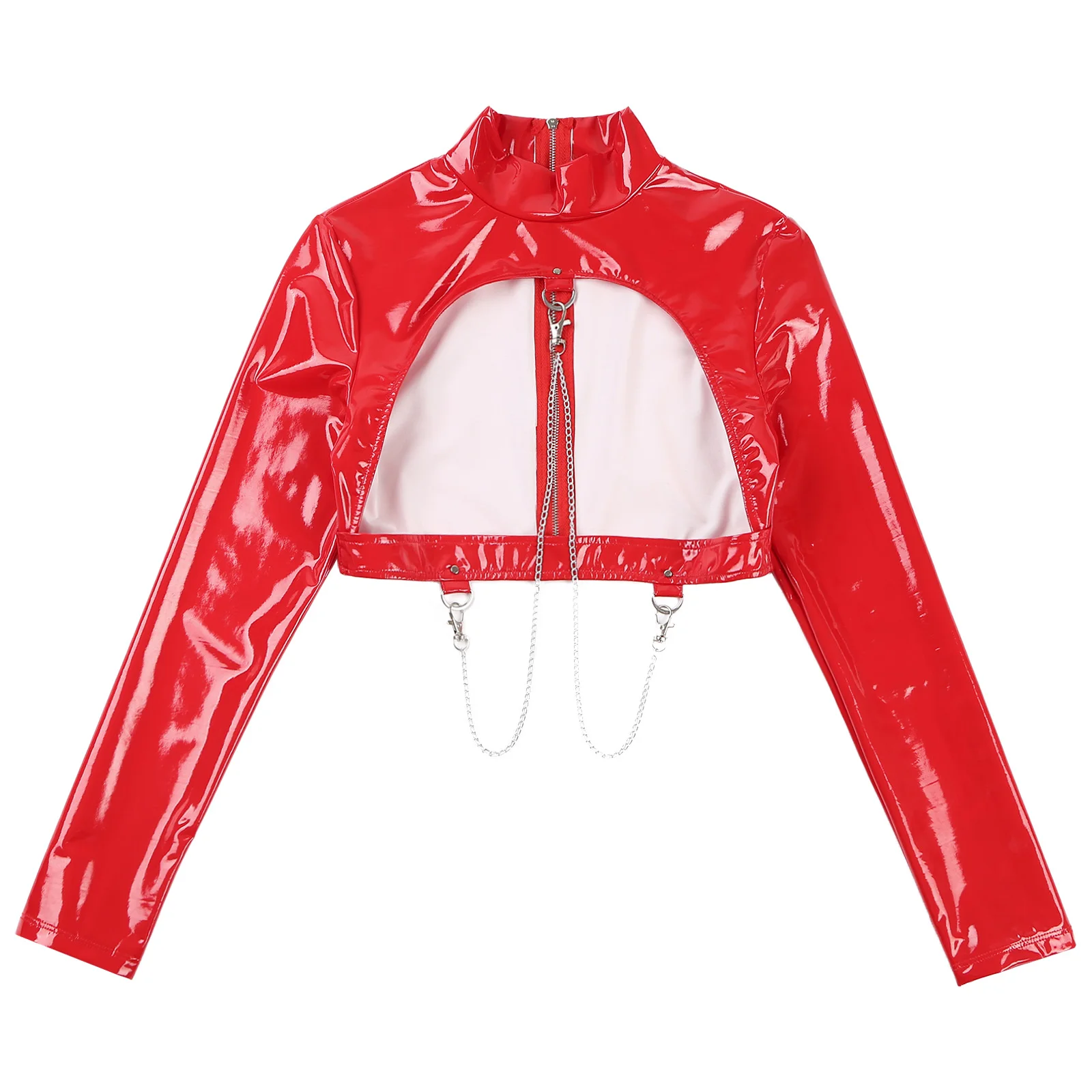 Patent Leather Women Hollow Out Nipple Crop Tops Sexy Wetlook Metal Chains Long Sleeve Back Zipper Coat Rave Party Nightclubwear