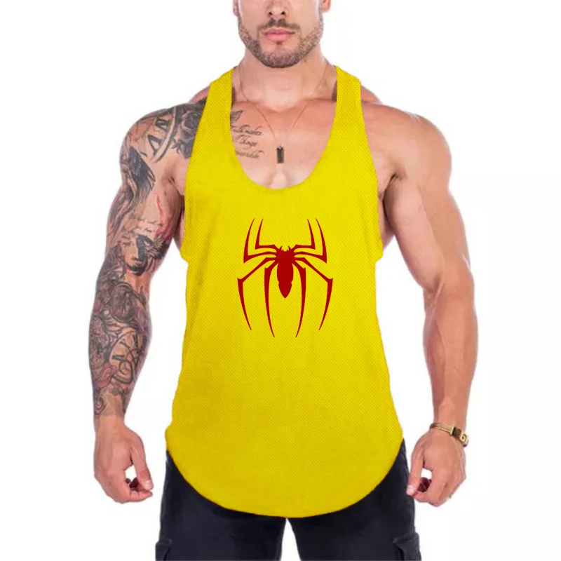 Red Spider Printed Breathable Racer Back Vest Gym Bodybuilding Sport Tank Top Men Sleeveless Fitness Muscle Mesh Quick Dry Shirt