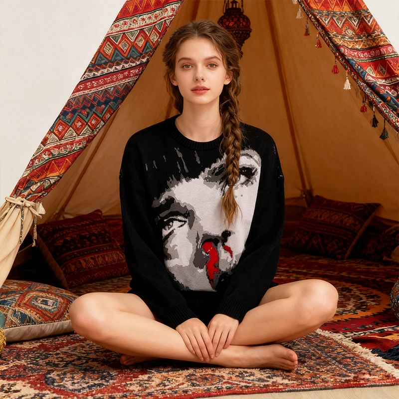 

Женский зимний черный свитер Y2K, топ 2000-х годов, одежда, толстовки, женский свободный вязаный свитер с рисунком персонажа в стиле ретро, модный пуловер