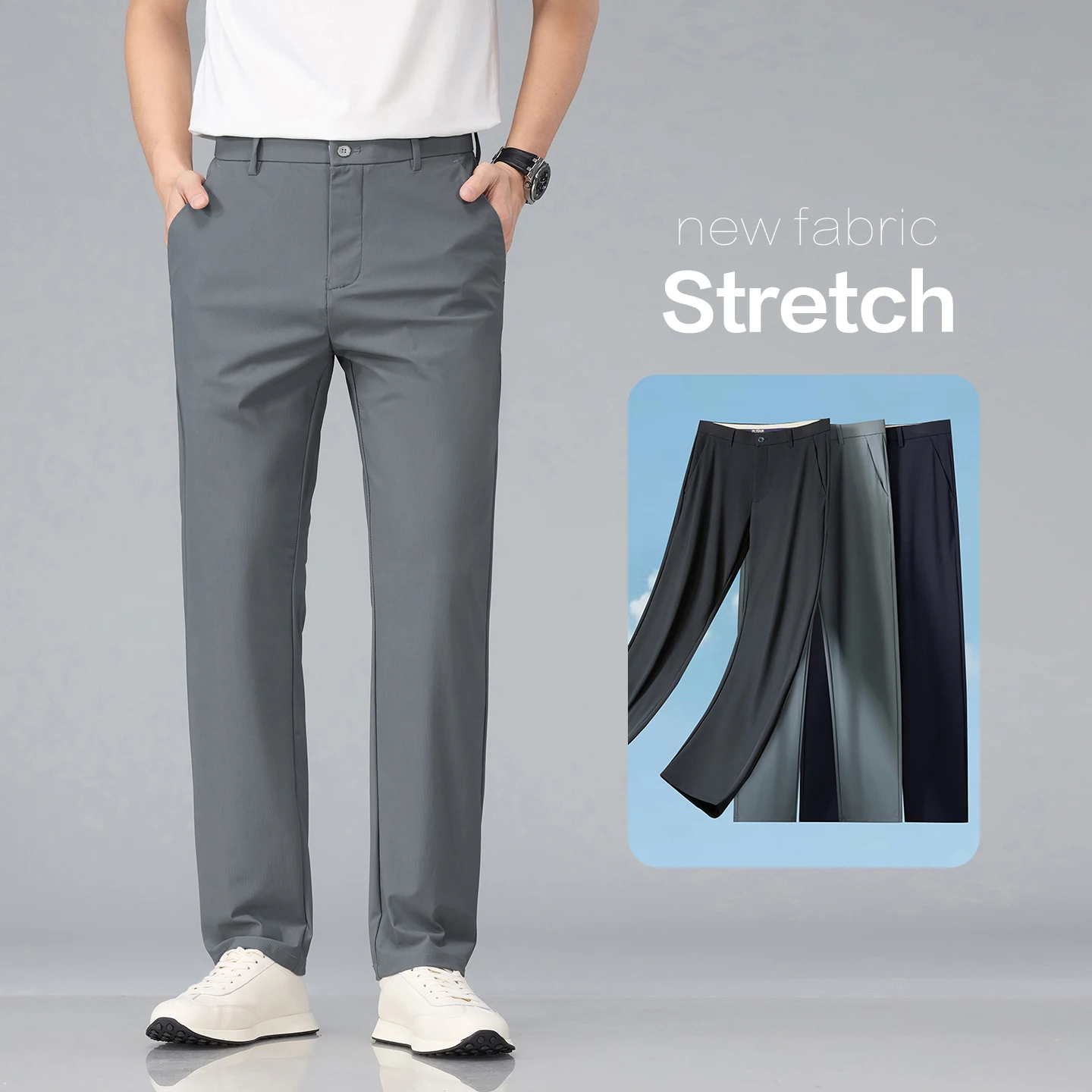 

Brand Clothing Men's Summer High Stretch New Fabric Twill Casual Pants Thin Breathable Business Straight Trousers Male Plus Size